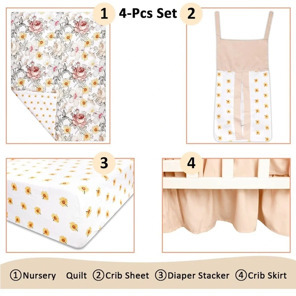 Floral Neutral 4 piece Toddler Bedding Set